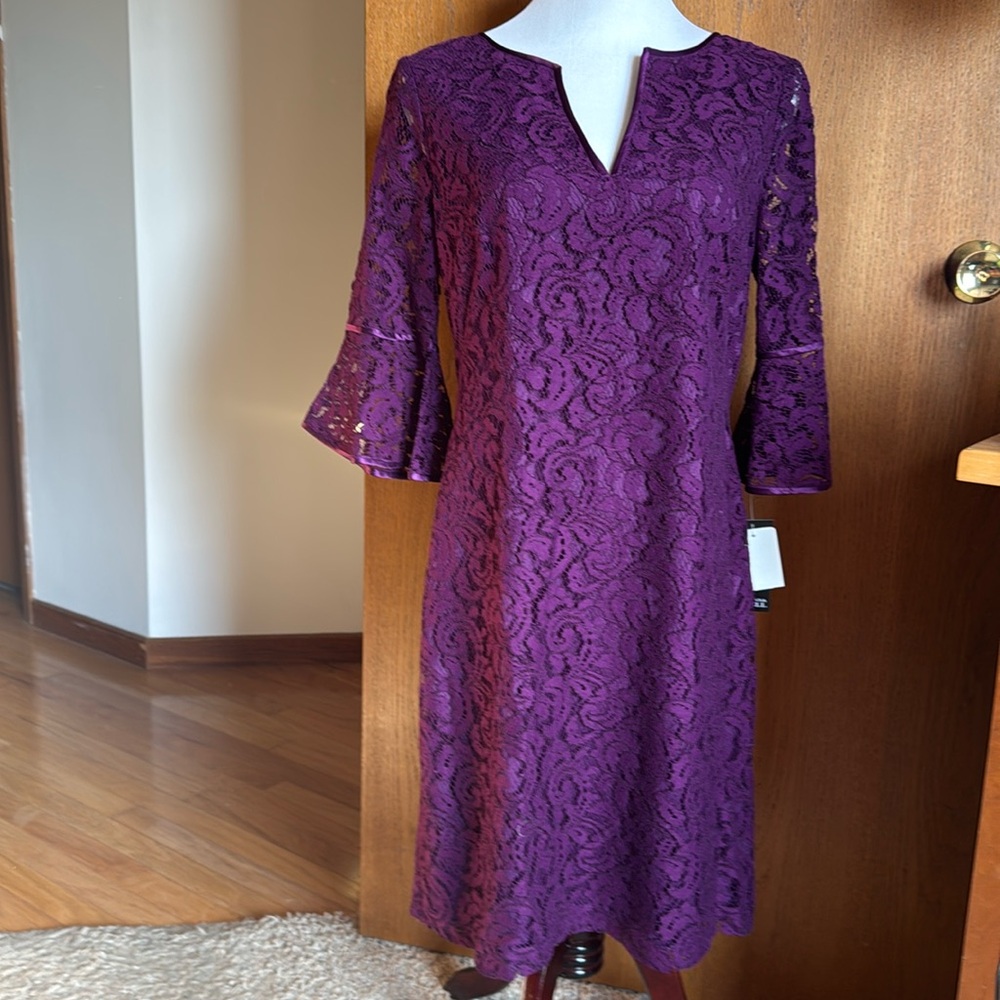 Adrianna Papell Eggplant Lace Bell Sleeve Dress Size 10